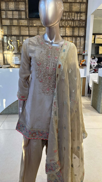 Beige Silver Pink Embroidered Kurta Pant Dupatta Set for Women