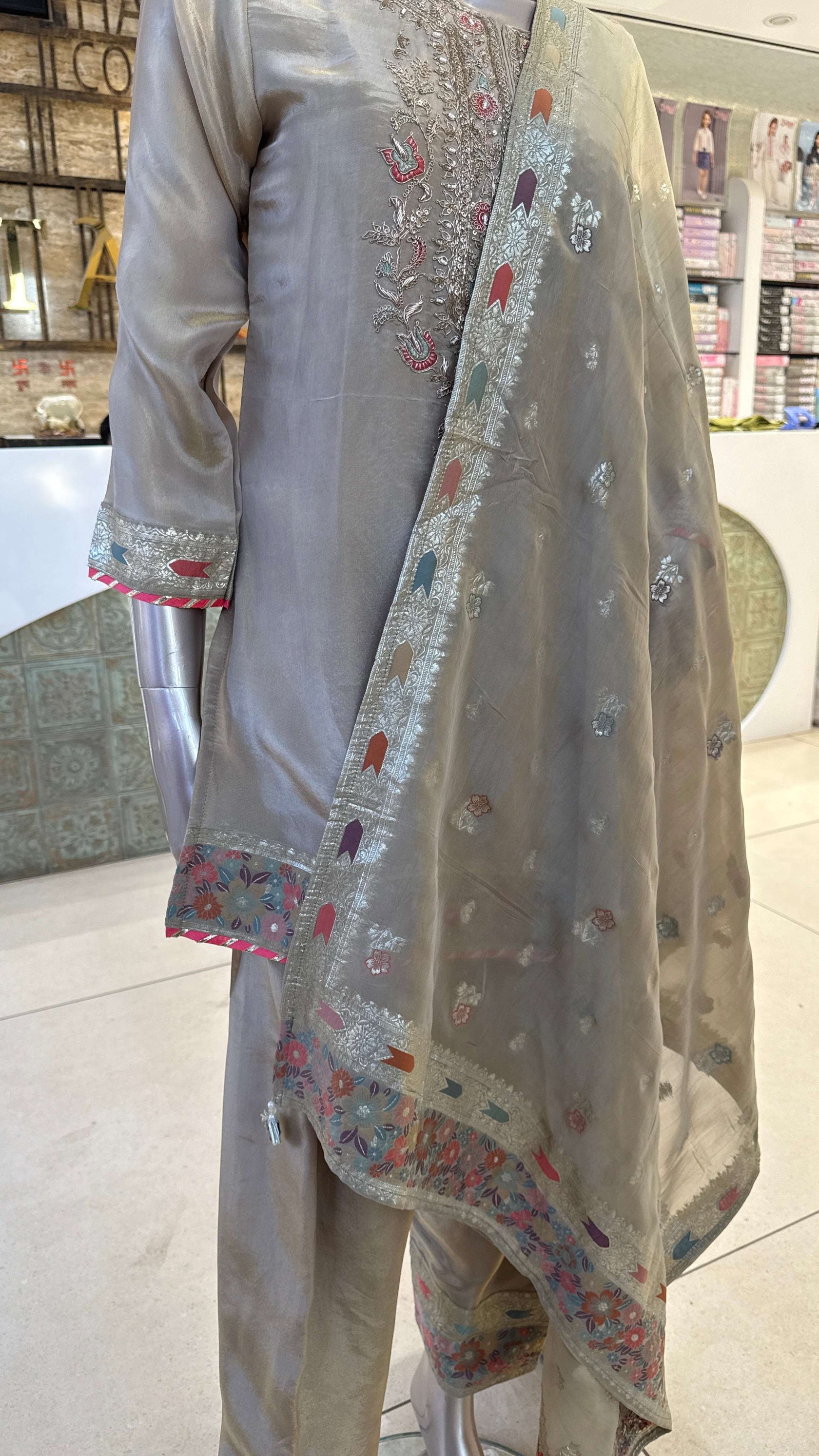 Beige Silver Pink Embroidered Kurta Pant Dupatta Set for Women