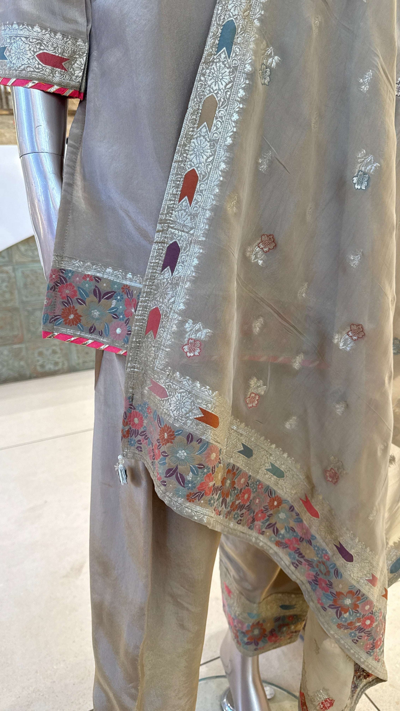 Beige Silver Pink Embroidered Kurta Pant Dupatta Set for Women
