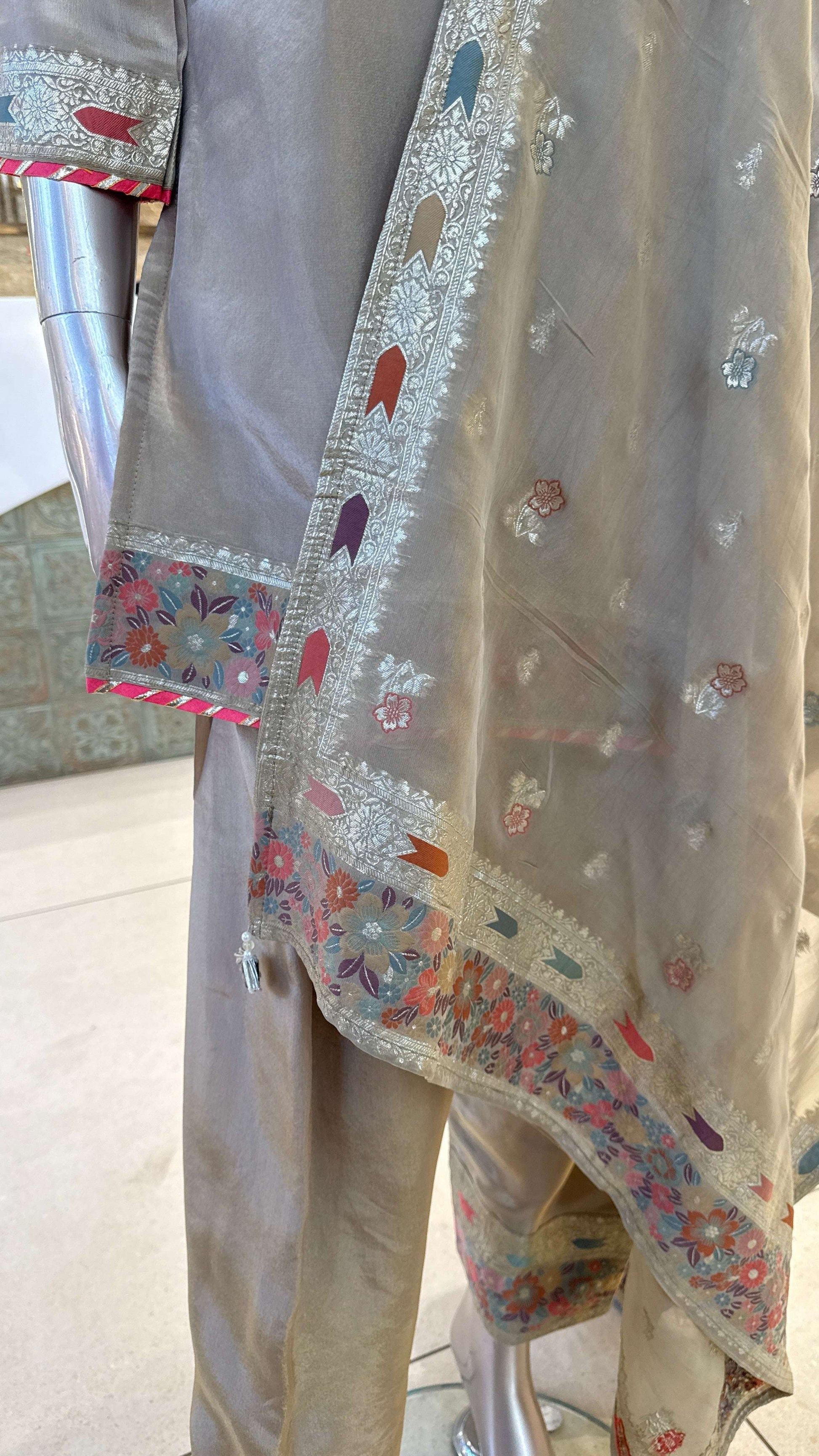 Beige Silver Pink Embroidered Kurta Pant Dupatta Set for Women