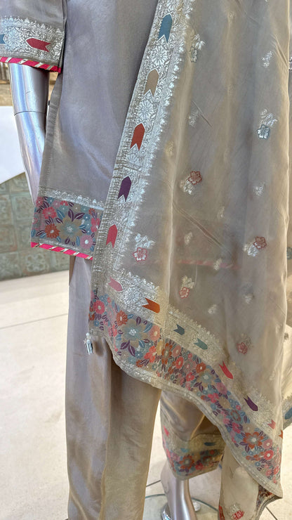 Beige Silver Pink Embroidered Kurta Pant Dupatta Set for Women