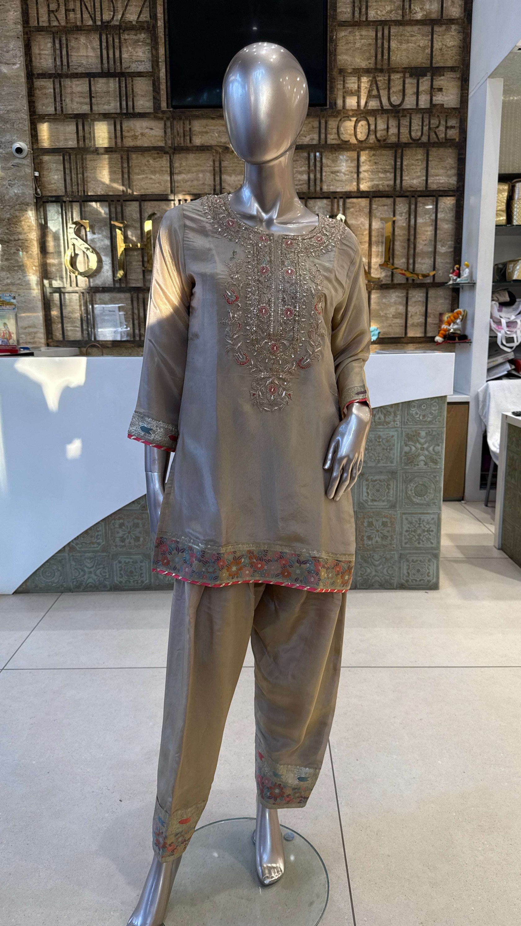 Beige Silver Pink Embroidered Kurta Pant Dupatta Set for Women