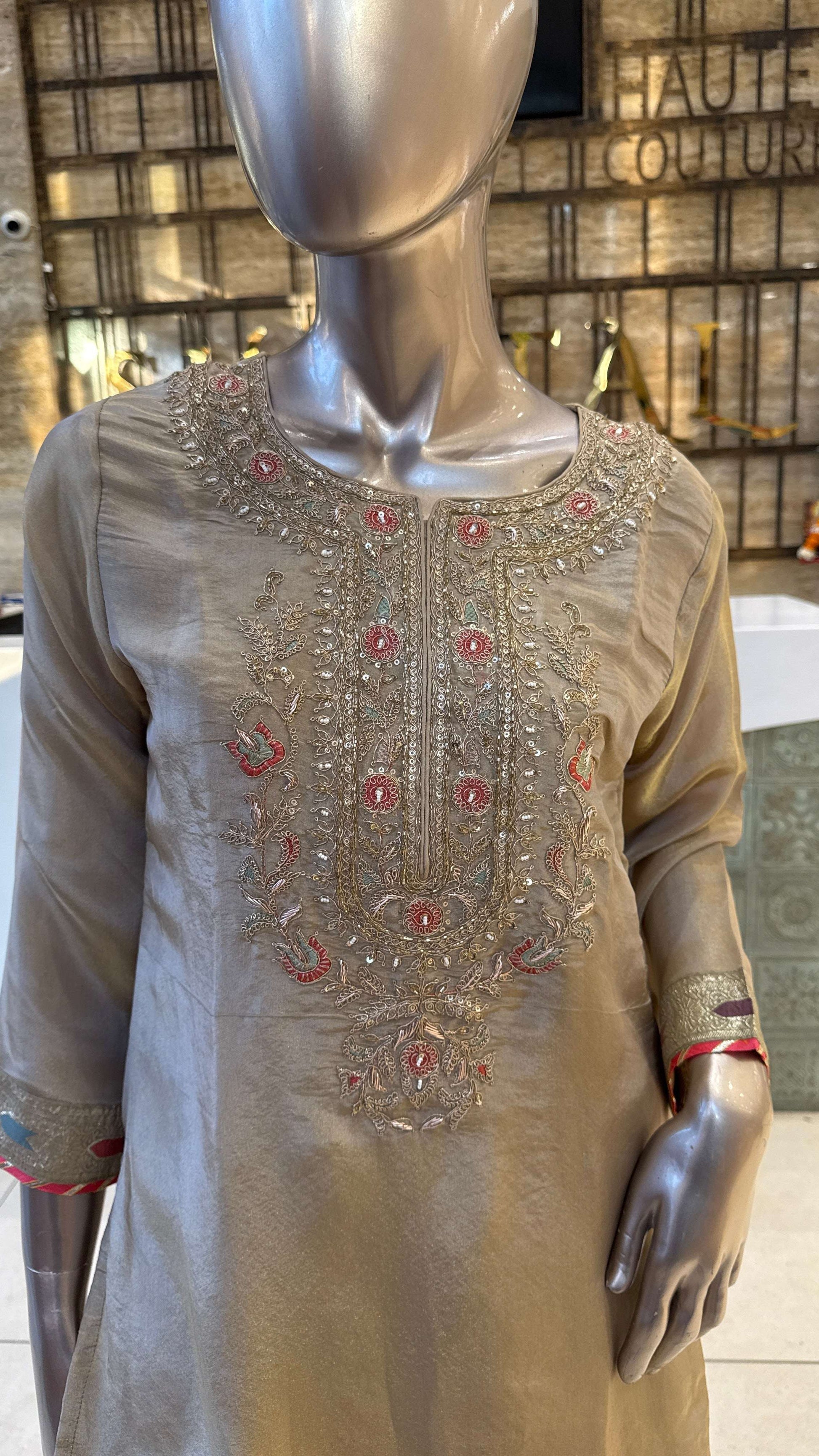 Beige Silver Pink Embroidered Kurta Pant Dupatta Set for Women