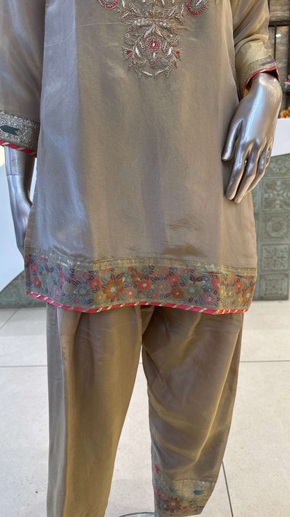 Beige Silver Pink Embroidered Kurta Pant Dupatta Set for Women