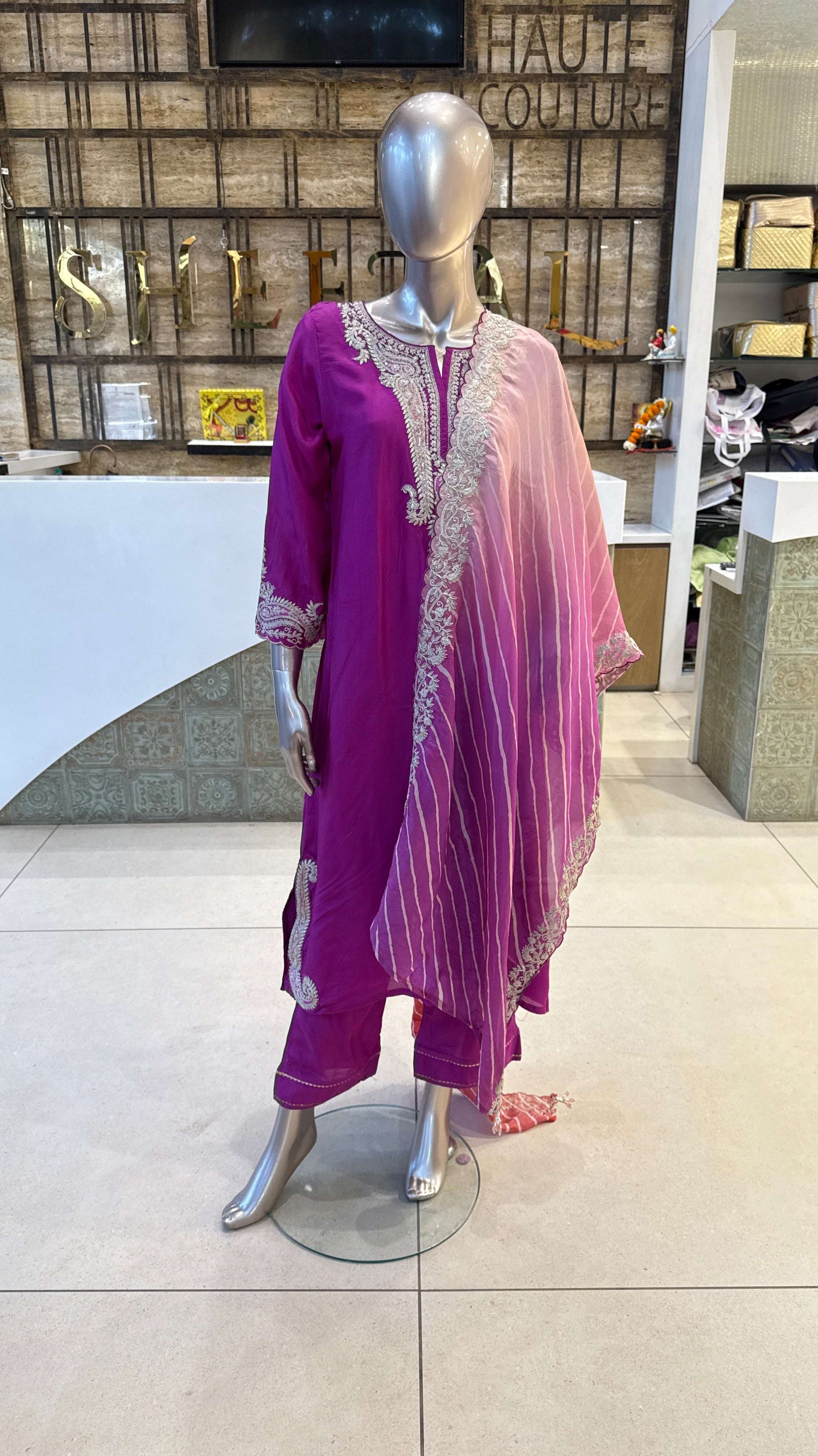 Magenta Purple Silver Embroidered Kurta Pant Dupatta Set for Women