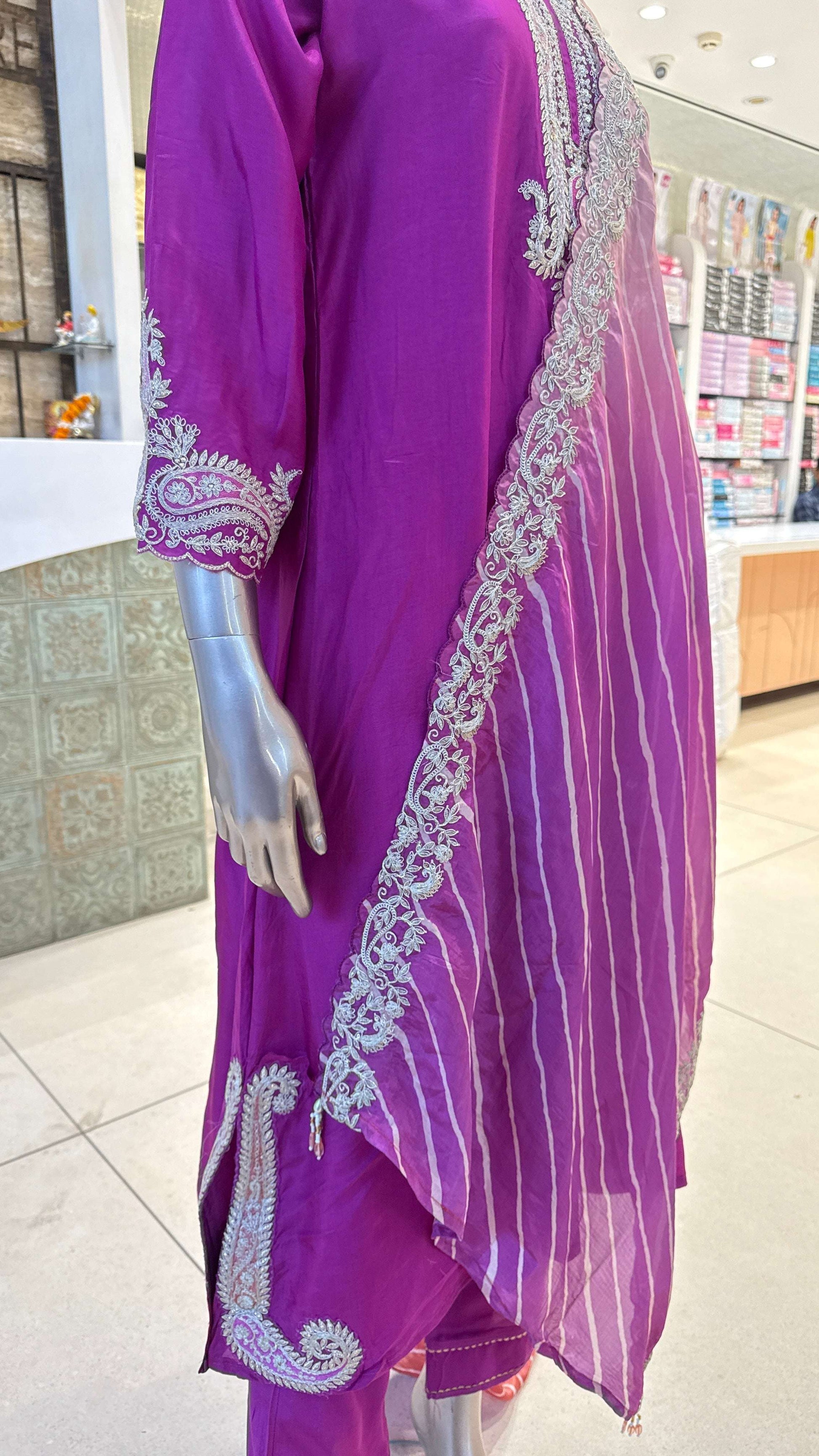 Magenta Purple Silver Embroidered Kurta Pant Dupatta Set for Women
