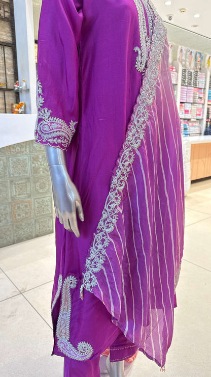 Magenta Purple Silver Embroidered Kurta Pant Dupatta Set for Women