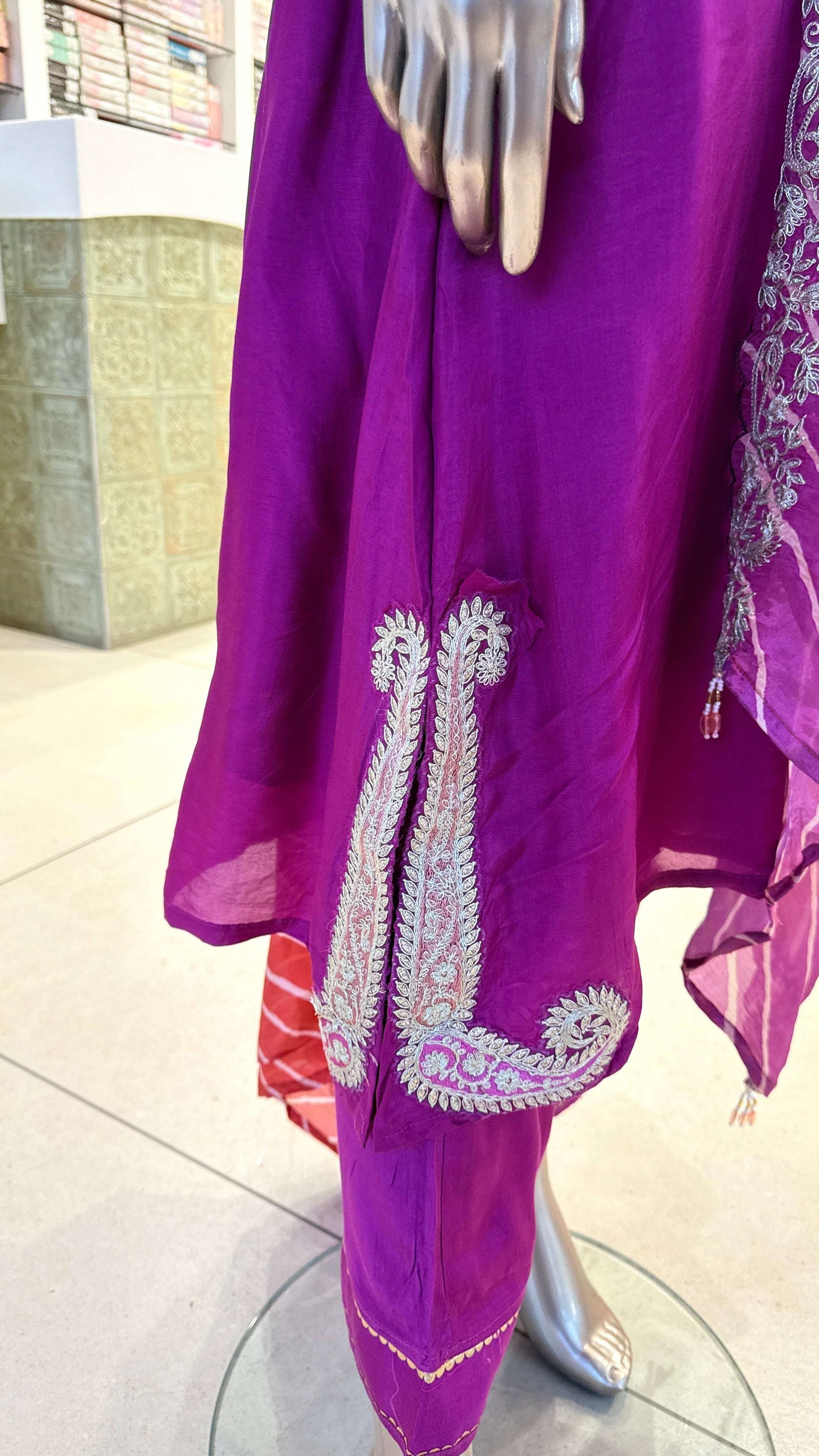 Magenta Purple Silver Embroidered Kurta Pant Dupatta Set for Women