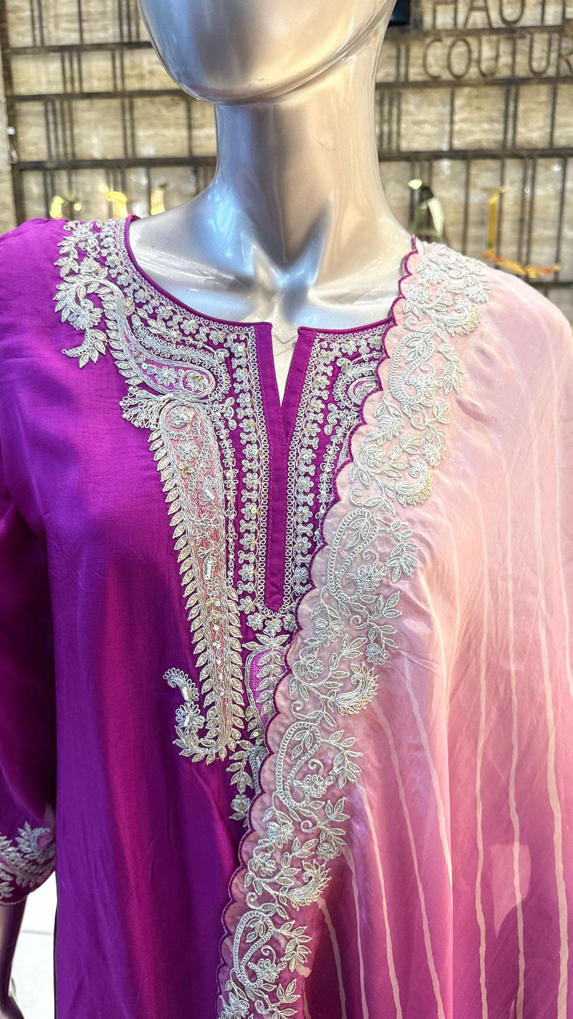 Magenta Purple Silver Embroidered Kurta Pant Dupatta Set for Women