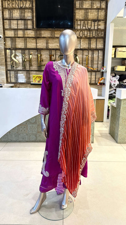 Magenta Purple Silver Embroidered Kurta Pant Dupatta Set for Women