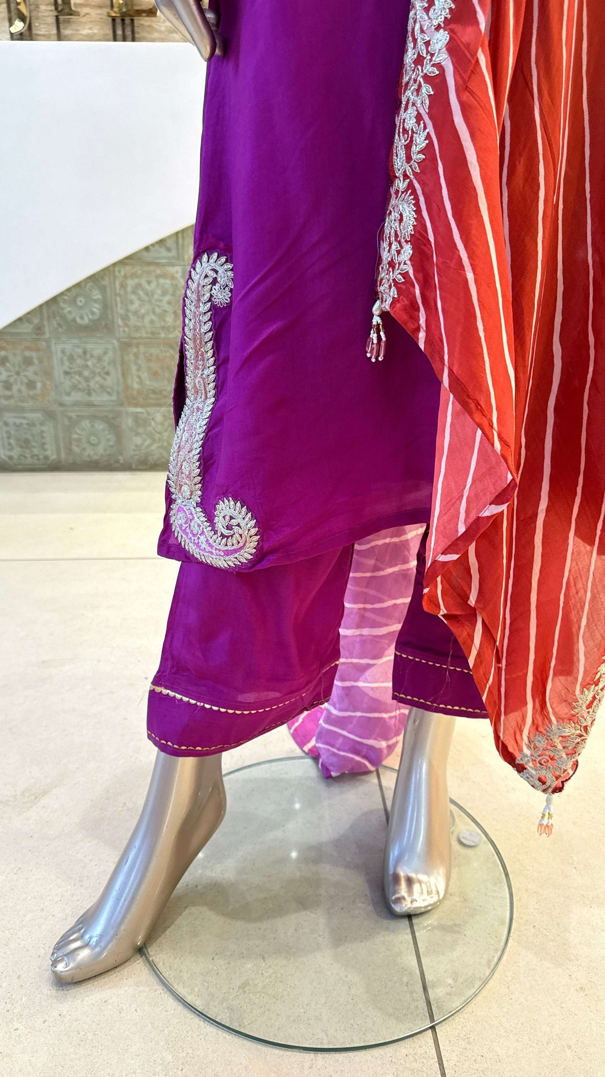 Magenta Purple Silver Embroidered Kurta Pant Dupatta Set for Women