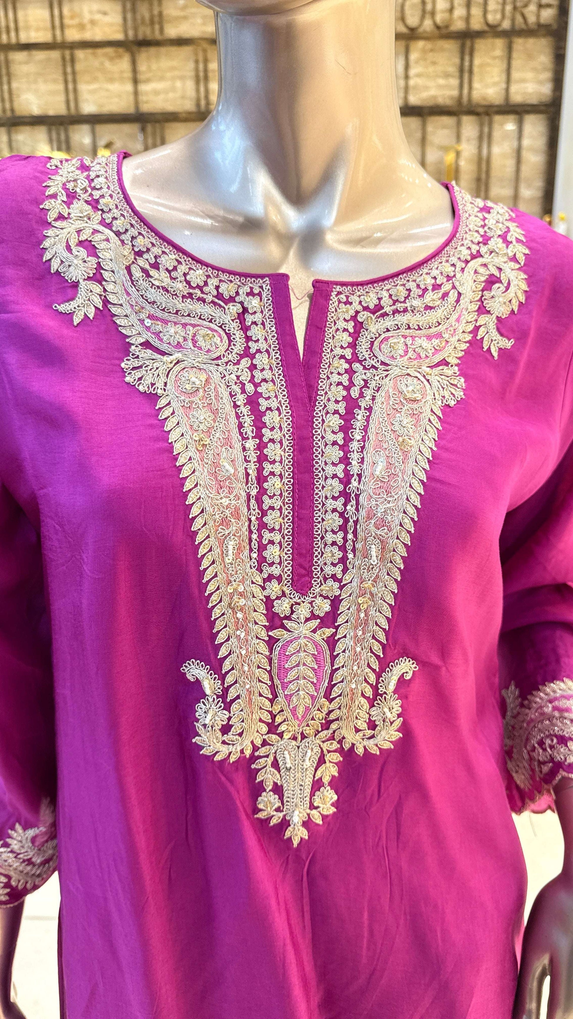 Magenta Purple Silver Embroidered Kurta Pant Dupatta Set for Women