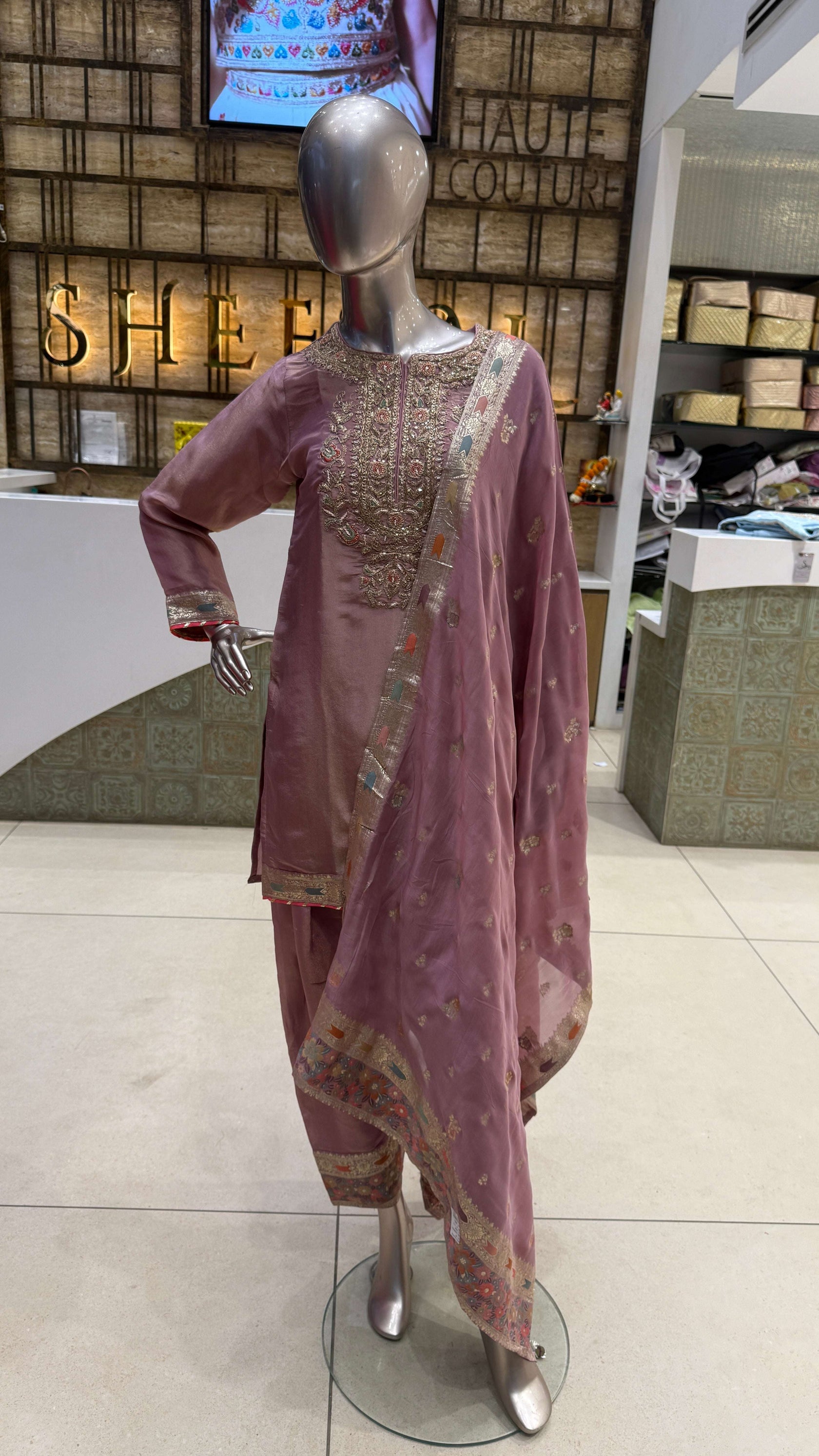 Dusty Mauve Silver Embroidered Kurta Pant Dupatta Set for Women