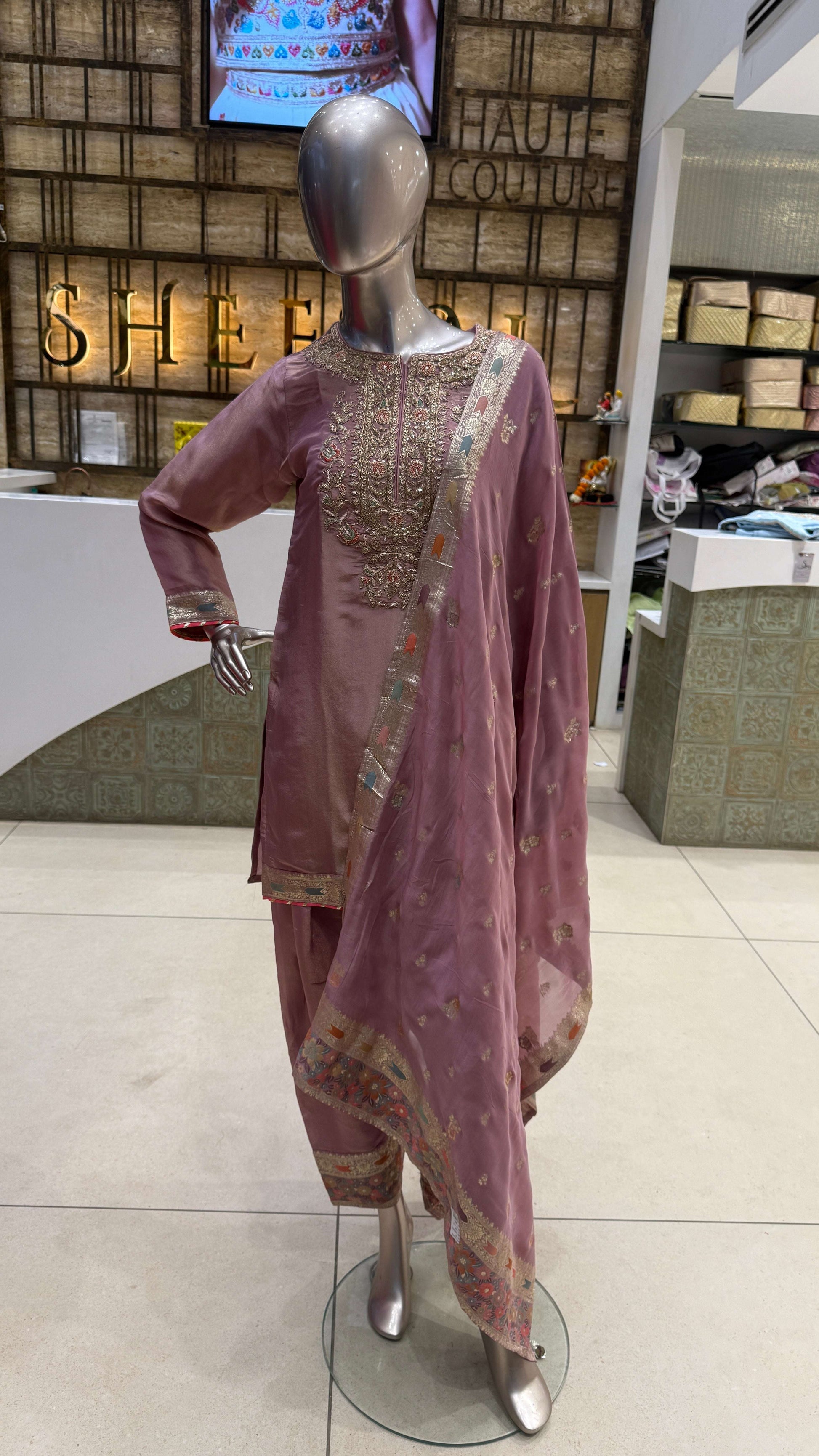 Dusty Mauve Silver Embroidered Kurta Pant Dupatta Set for Women