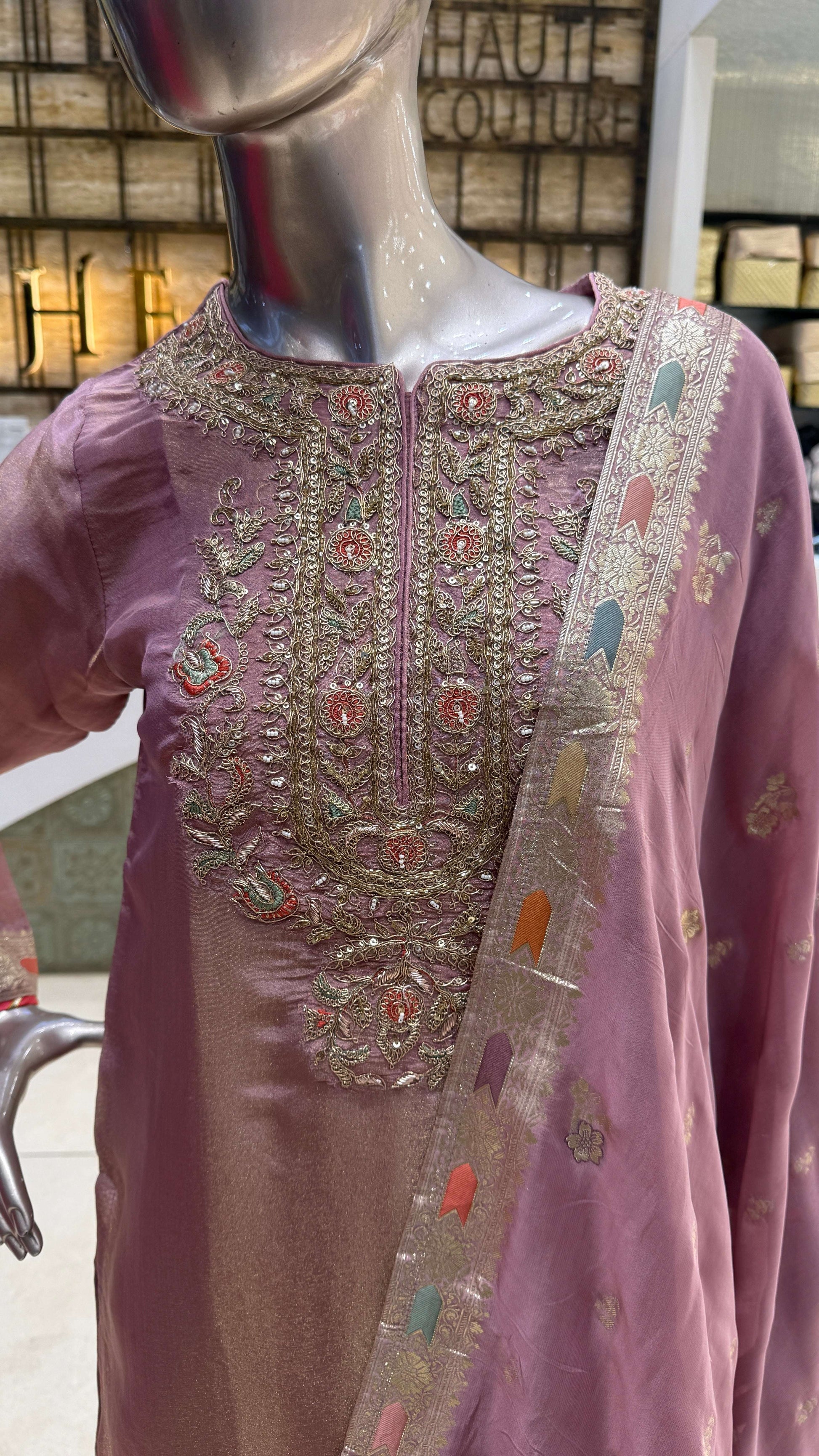 Dusty Mauve Silver Embroidered Kurta Pant Dupatta Set for Women