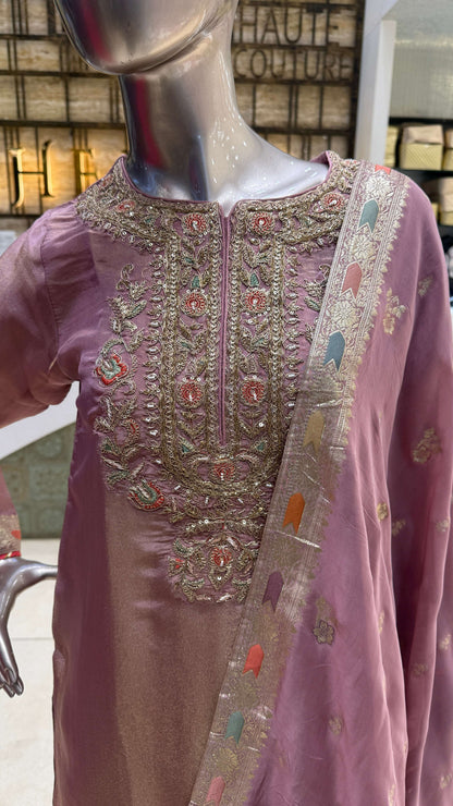 Dusty Mauve Silver Embroidered Kurta Pant Dupatta Set for Women