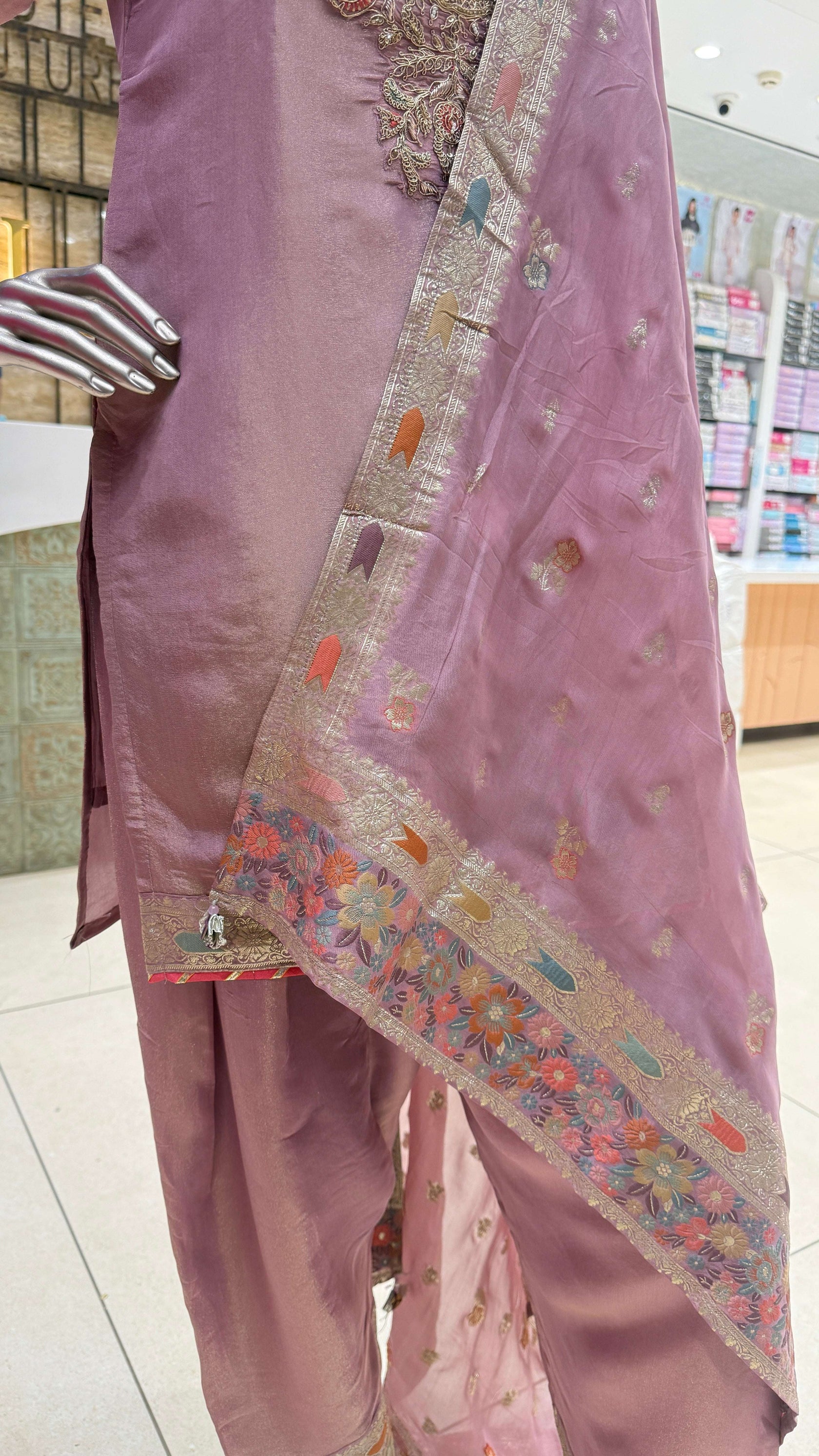 Dusty Mauve Silver Embroidered Kurta Pant Dupatta Set for Women