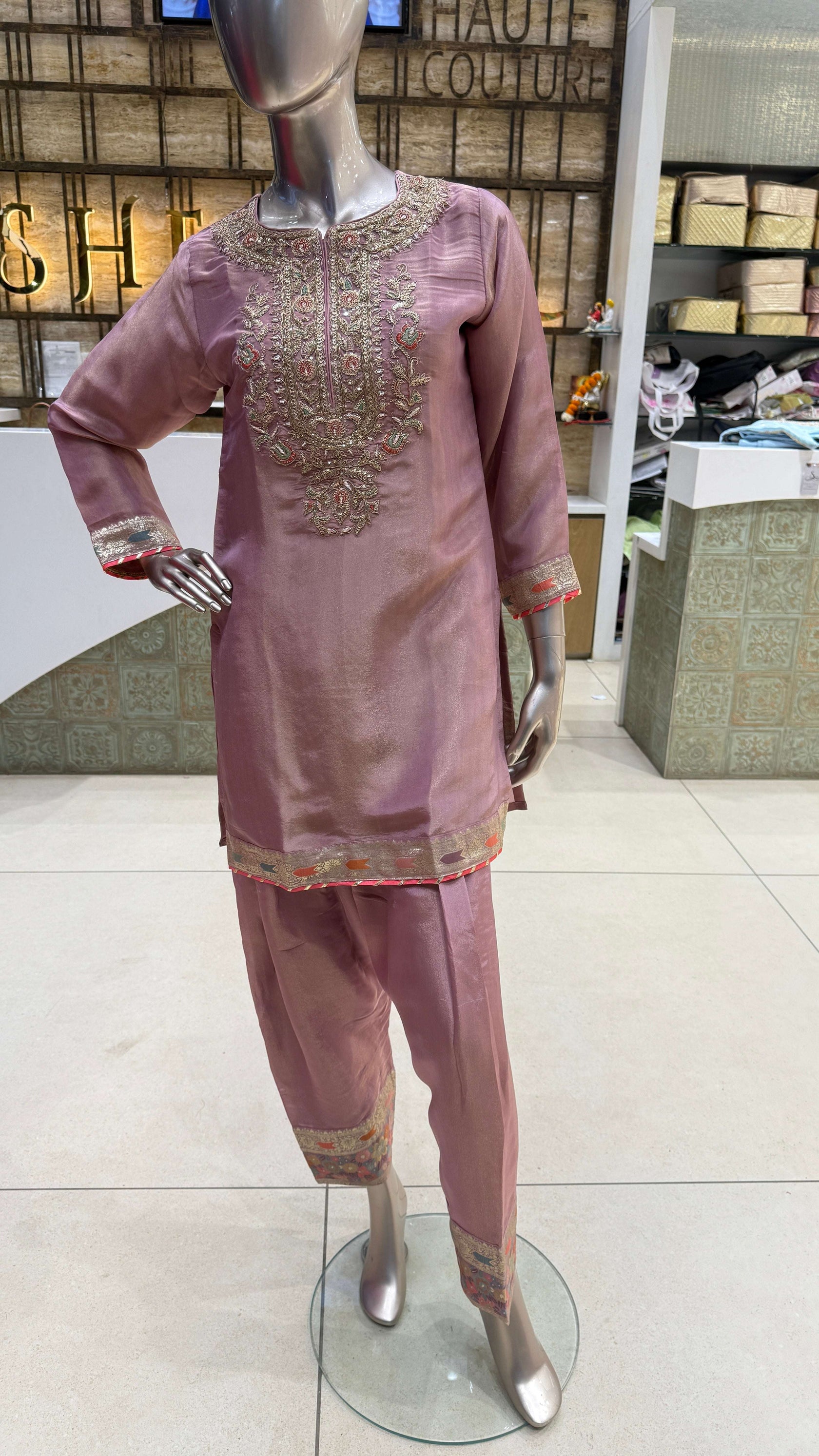 Dusty Mauve Silver Embroidered Kurta Pant Dupatta Set for Women