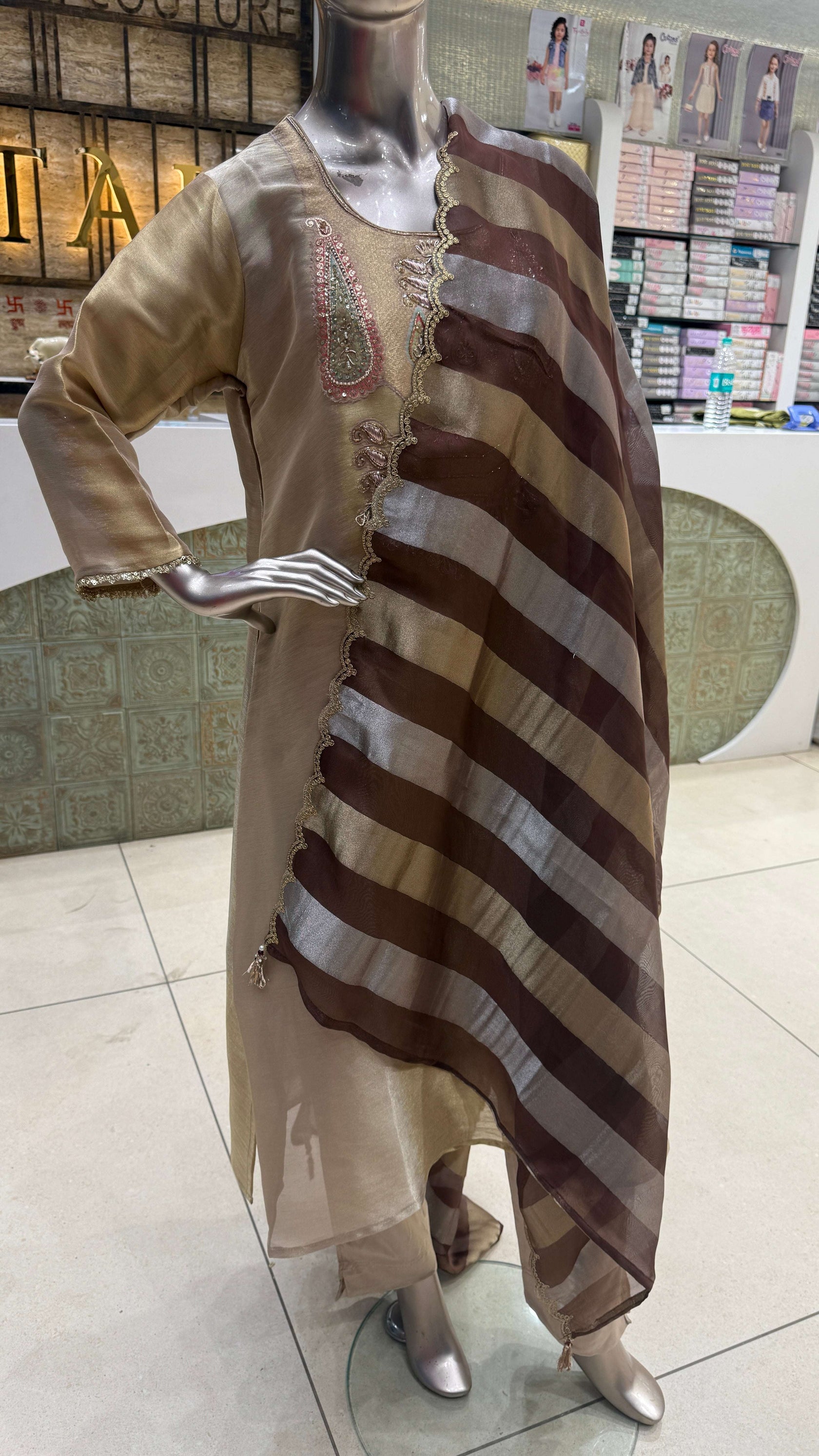 Champagne Beige Silver Embroidered Kurta Pant Dupatta Set for Women