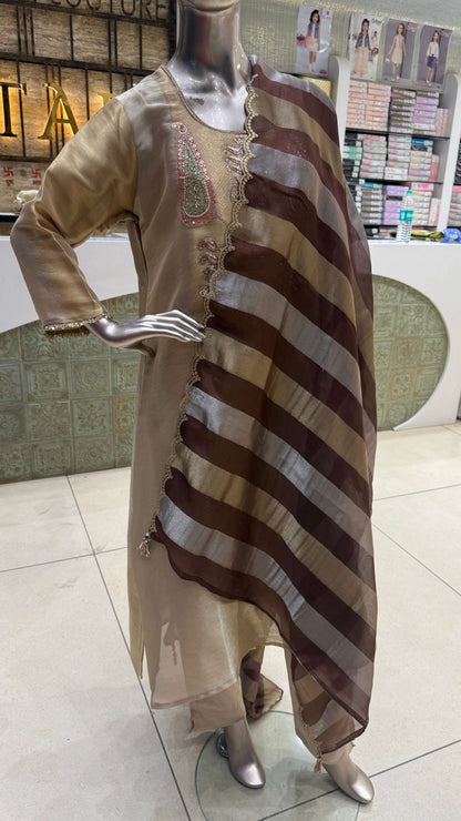 Champagne Beige Silver Embroidered Kurta Pant Dupatta Set for Women
