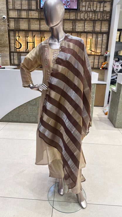 Champagne Beige Silver Embroidered Kurta Pant Dupatta Set for Women