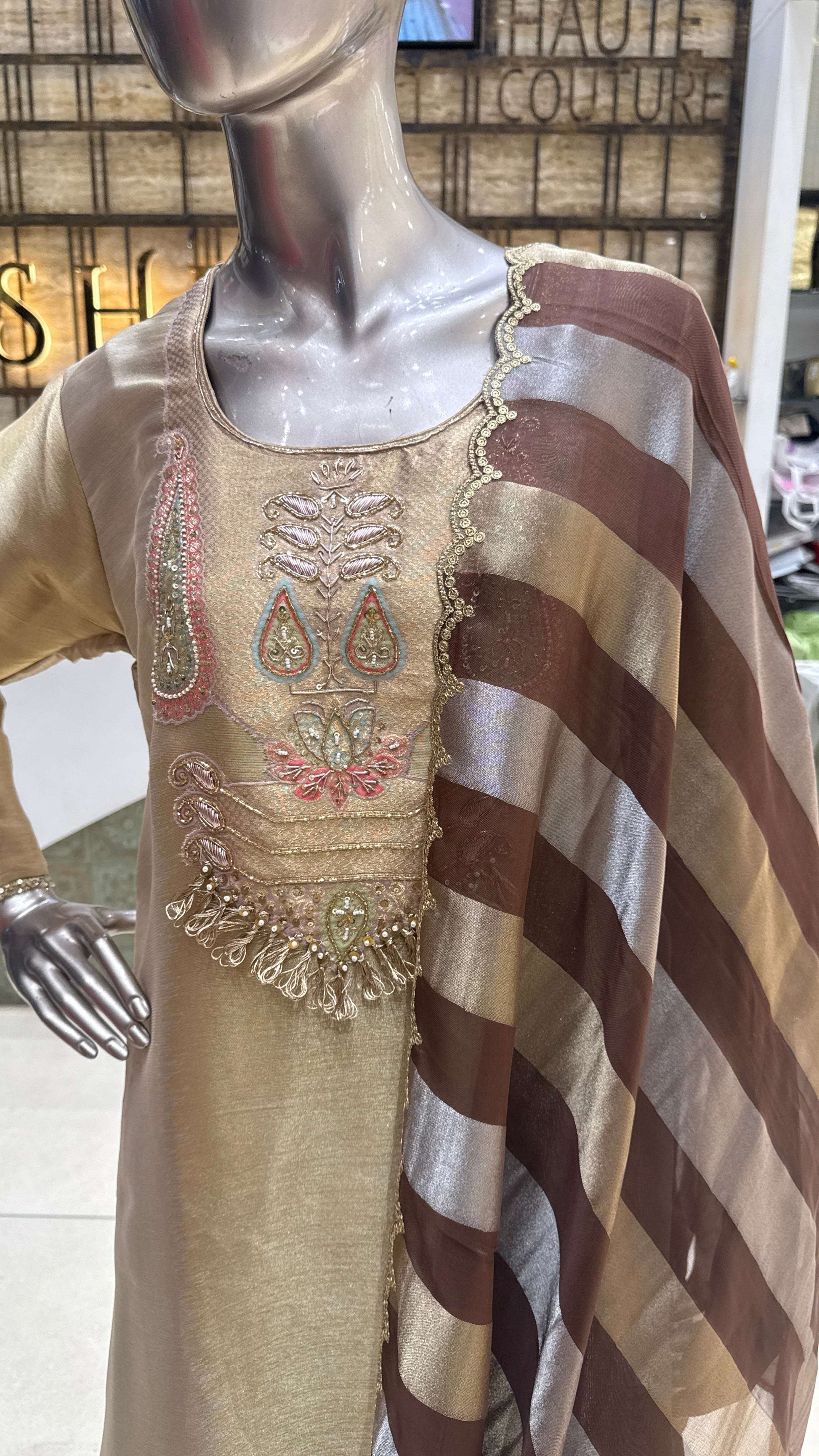 Champagne Beige Silver Embroidered Kurta Pant Dupatta Set for Women
