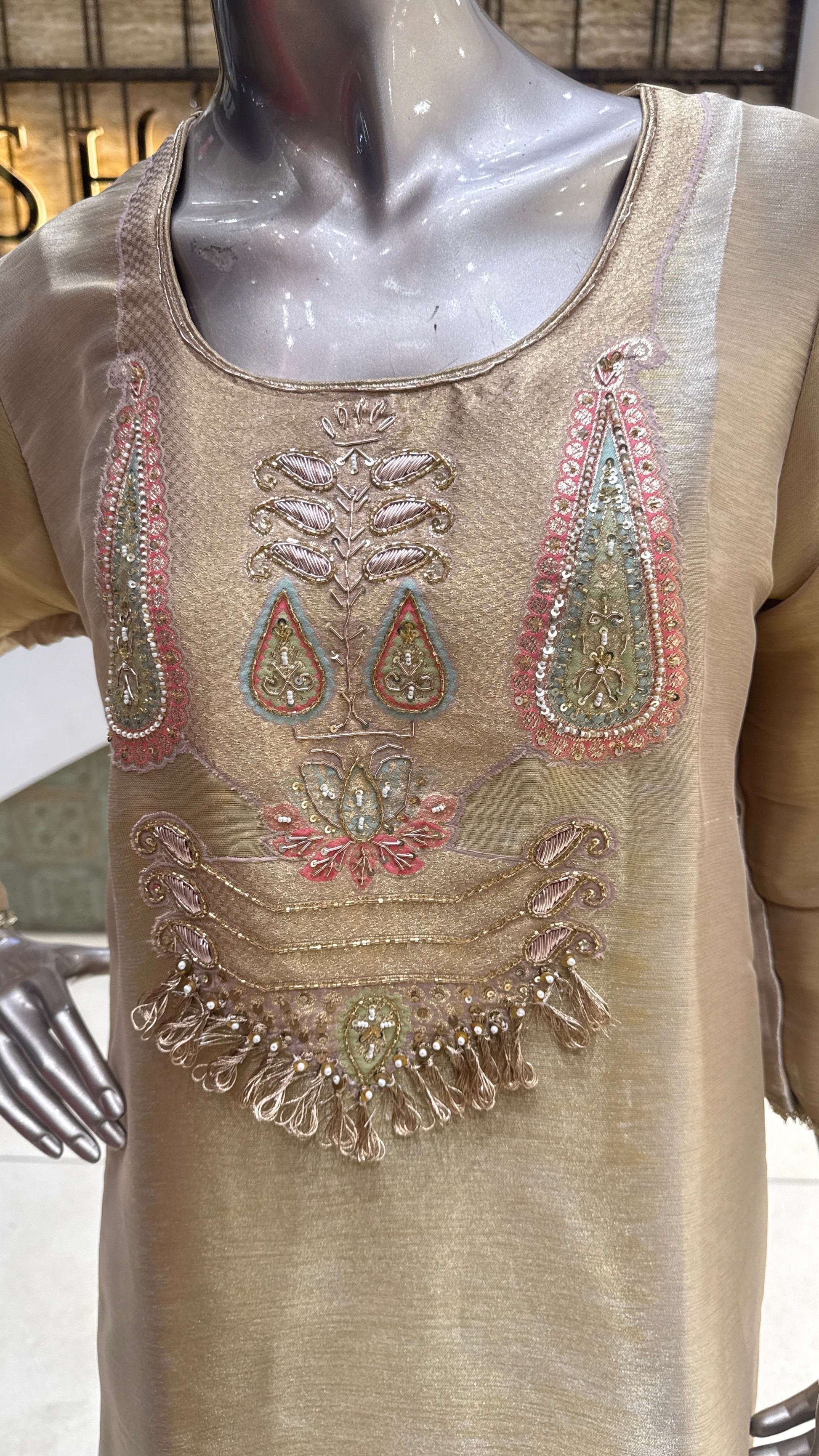 Champagne Beige Silver Embroidered Kurta Pant Dupatta Set for Women
