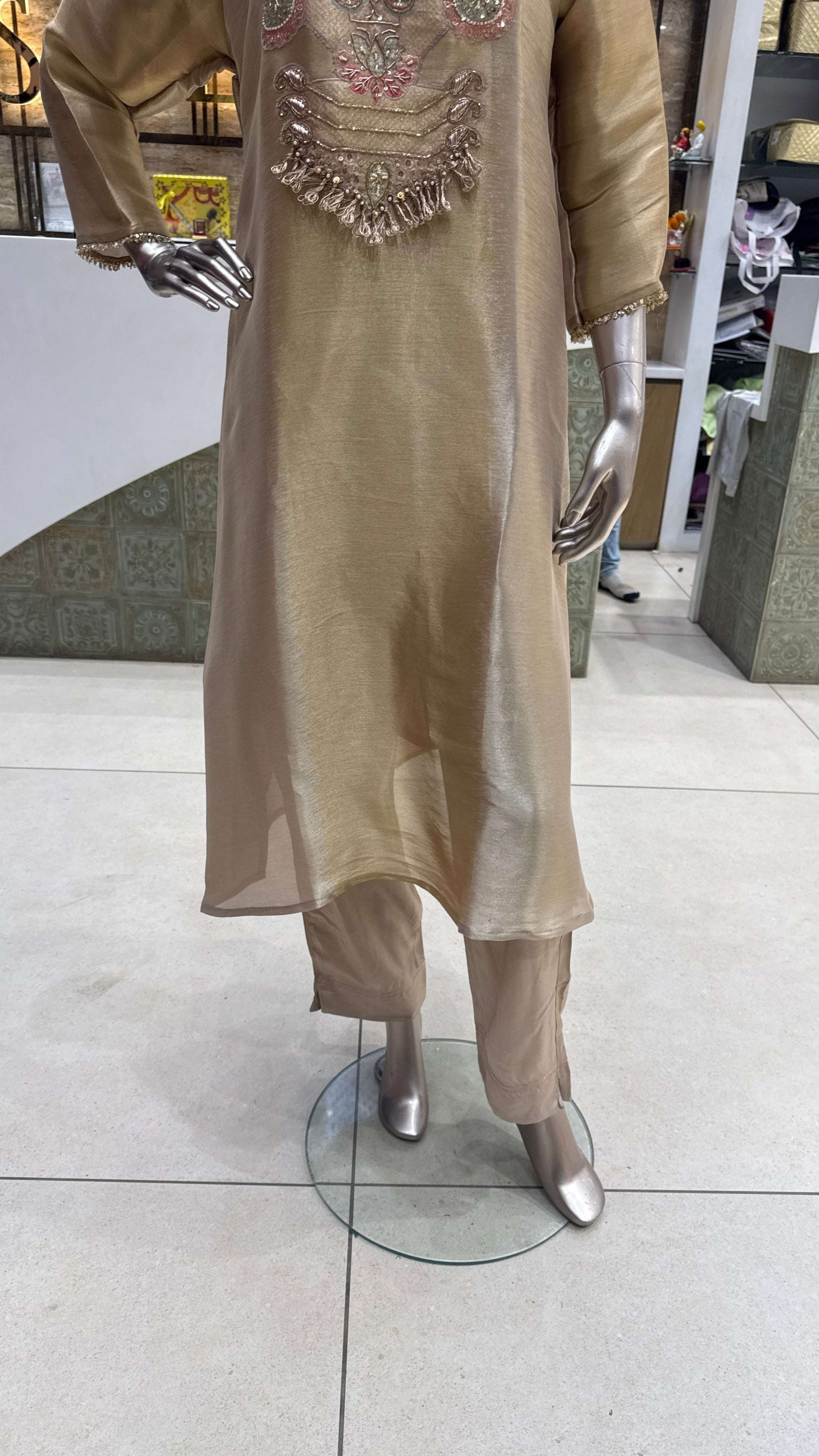 Champagne Beige Silver Embroidered Kurta Pant Dupatta Set for Women