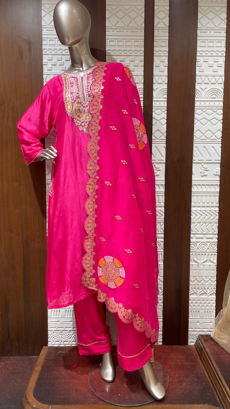 Pink Leheriya Embroidered Soft Slick Silk Sharara Set – Sheetal Collection