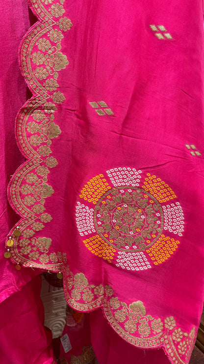 Pink Leheriya Embroidered Soft Slick Silk Sharara Set – Sheetal Collection