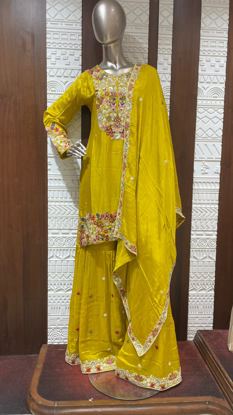 Yellow Floral Embroidered Pure chinnon Gharara Set – Sheetal Collection