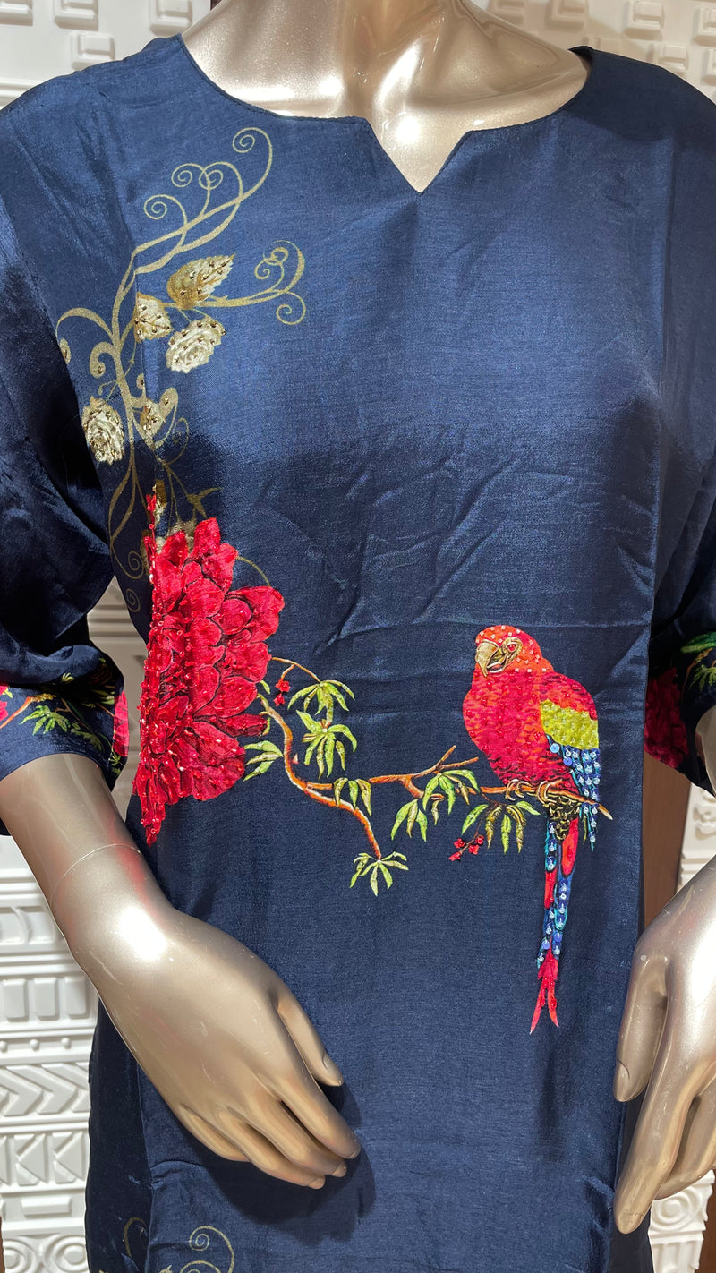 Navy Blue Floral Printed Silk 3 Piece Suit Set – Sheetal Collection
