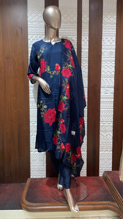 Navy Blue Floral Printed Silk 3 Piece Suit Set – Sheetal Collection