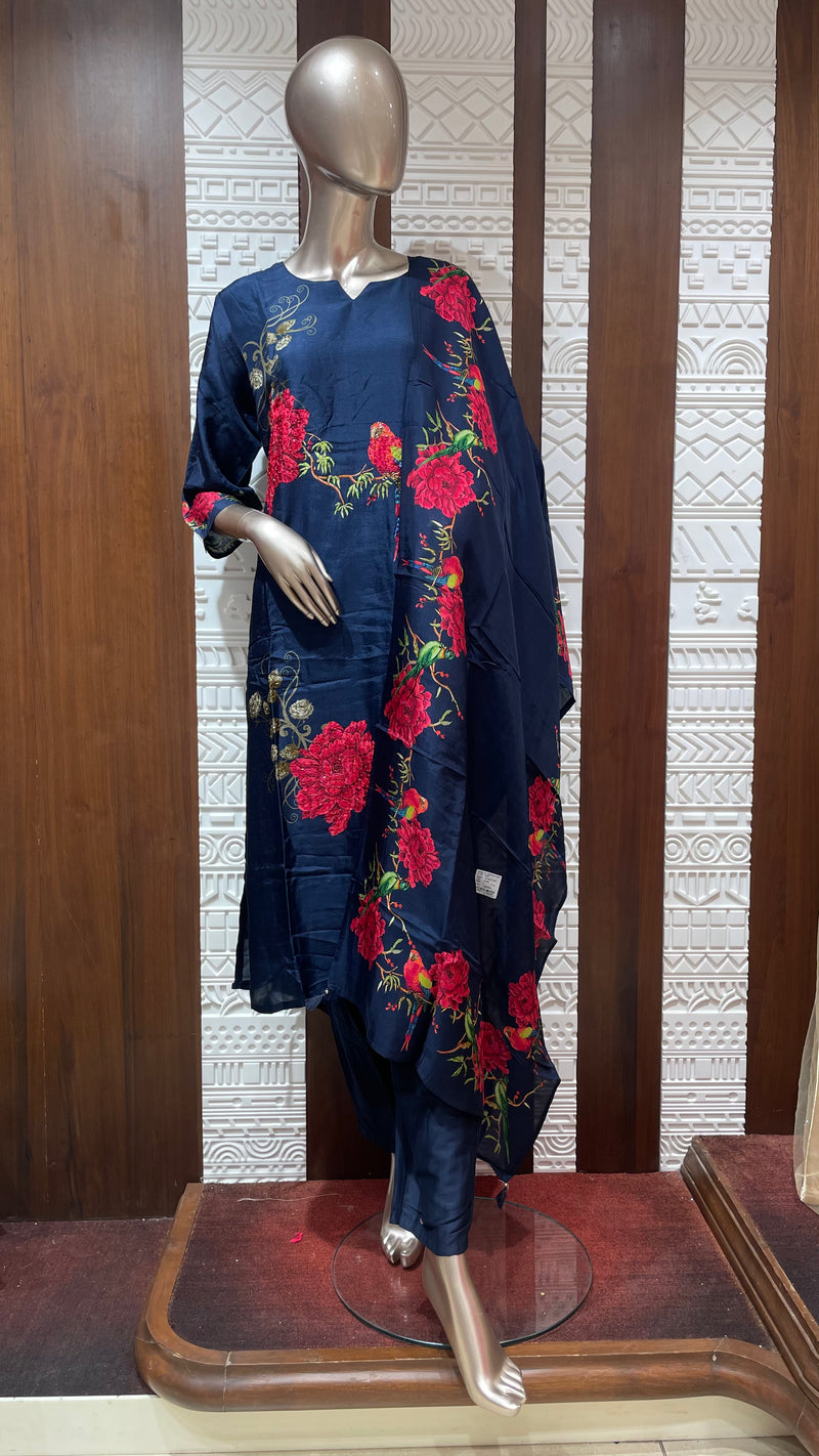 Navy Blue Floral Printed Silk 3 Piece Suit Set – Sheetal Collection
