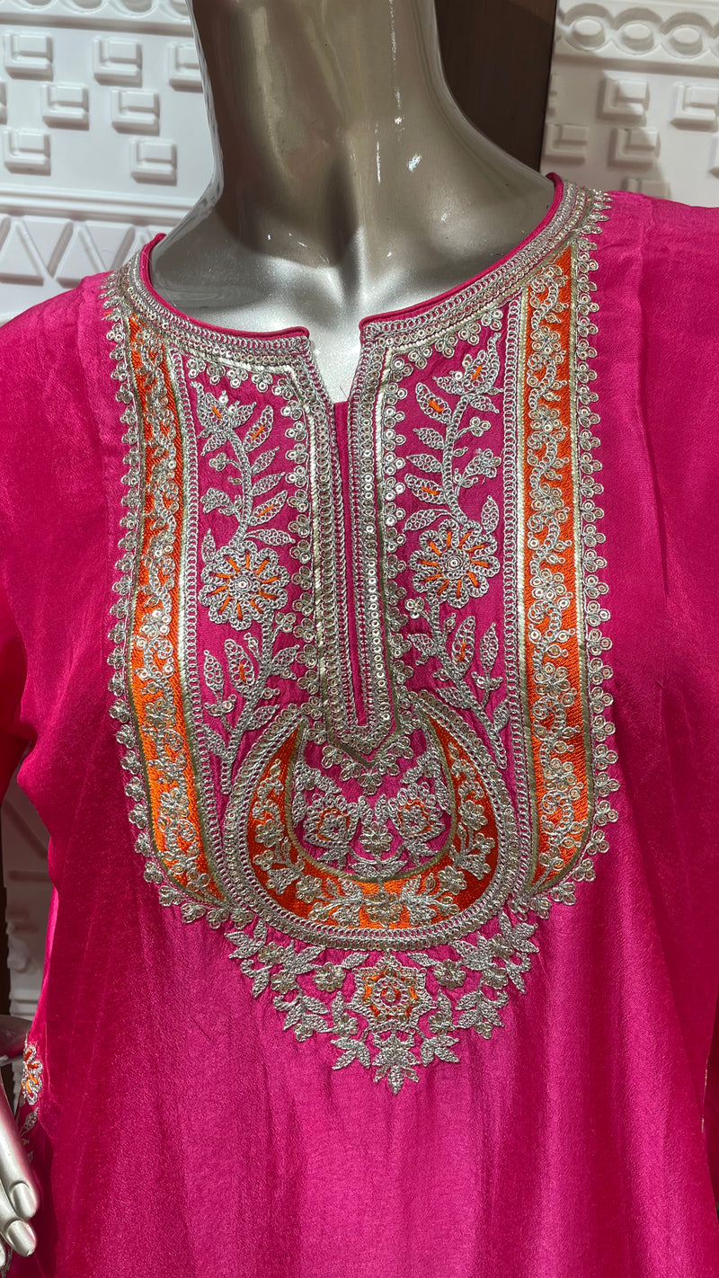 Pink Leheriya Embroidered Soft Slick Silk Sharara Set – Sheetal Collection