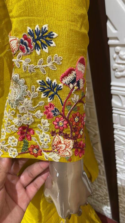 Yellow Floral Embroidered Pure chinnon Gharara Set – Sheetal Collection