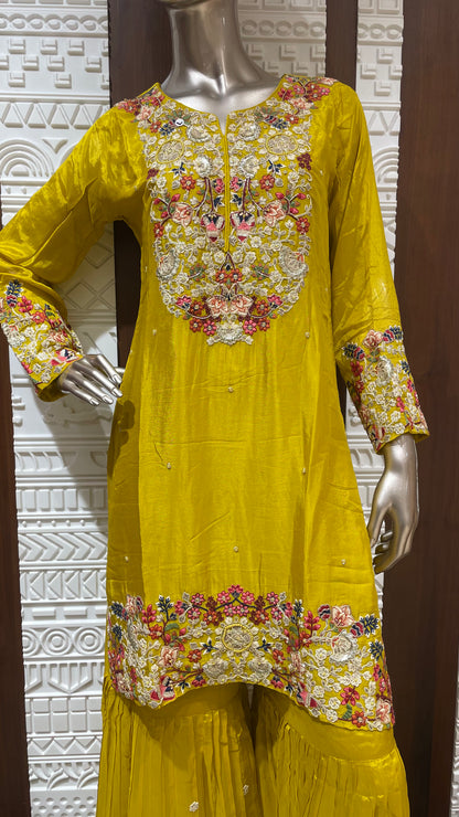 Yellow Floral Embroidered Pure chinnon Gharara Set – Sheetal Collection