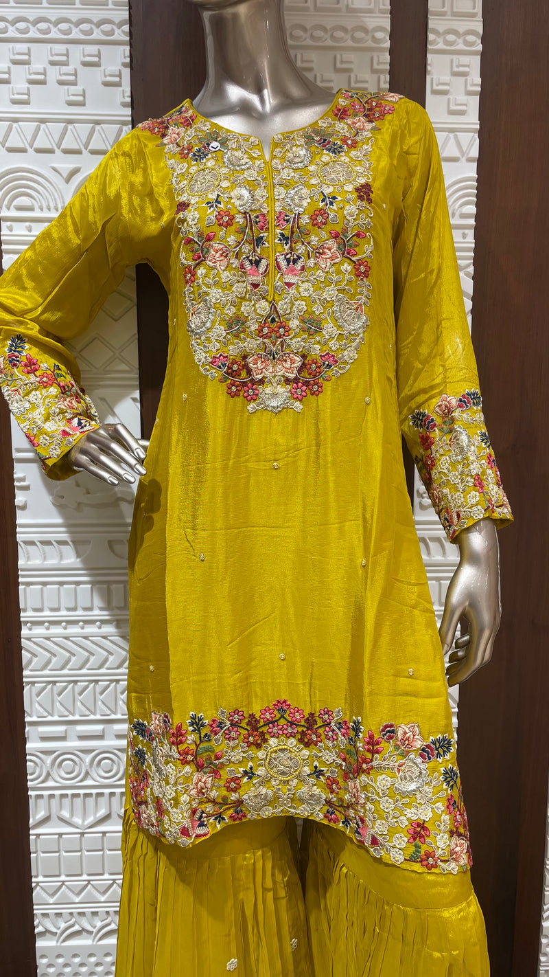 Yellow Floral Embroidered Pure chinnon Gharara Set – Sheetal Collection