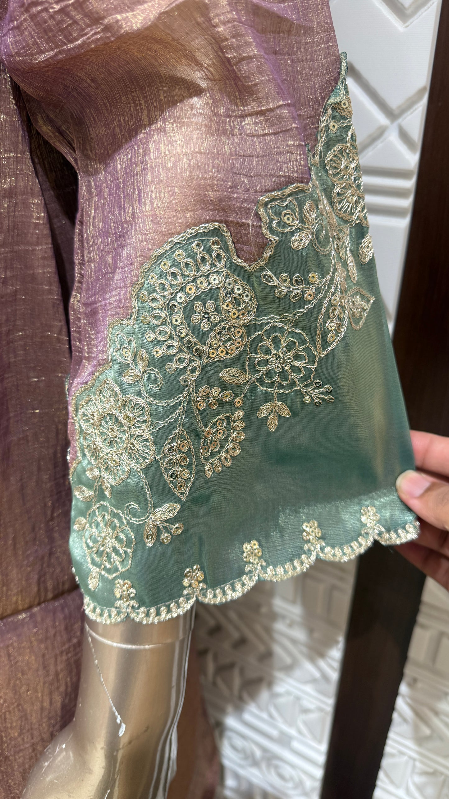 Mauve Pink Embroidered Soft Tissue Palazzo Set with Mint Green Dupatta – Sheetal Collection