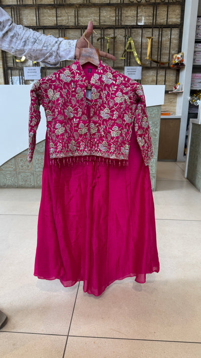 Magenta Palazzo Set with Embroidered Jacket for Girls