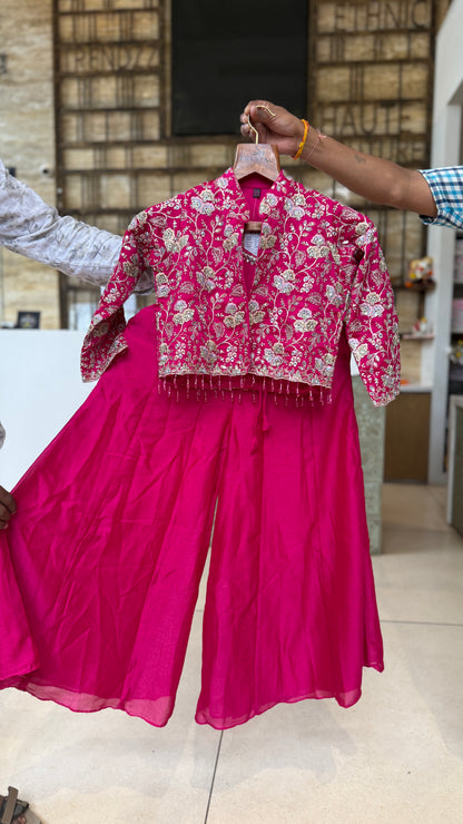 Magenta Palazzo Set with Embroidered Jacket for Girls