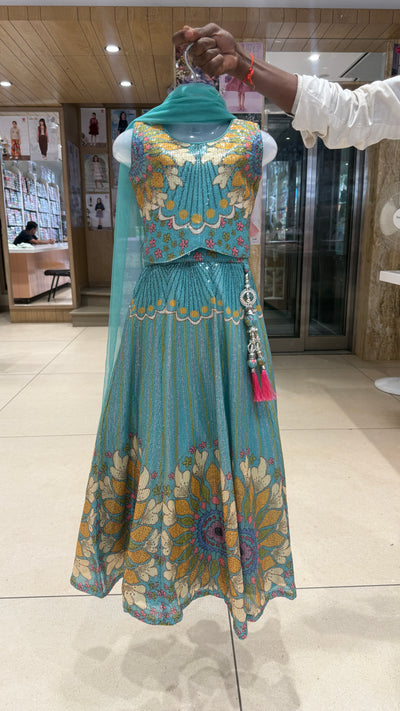 Blue  Floral Embroidered Lehenga Choli Set with Dupatta
