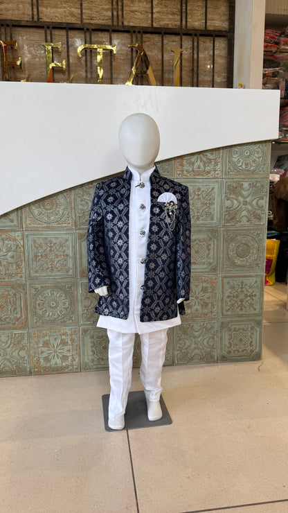 Navy Blue Embroidered Indo-Western Blazer Set for Boys