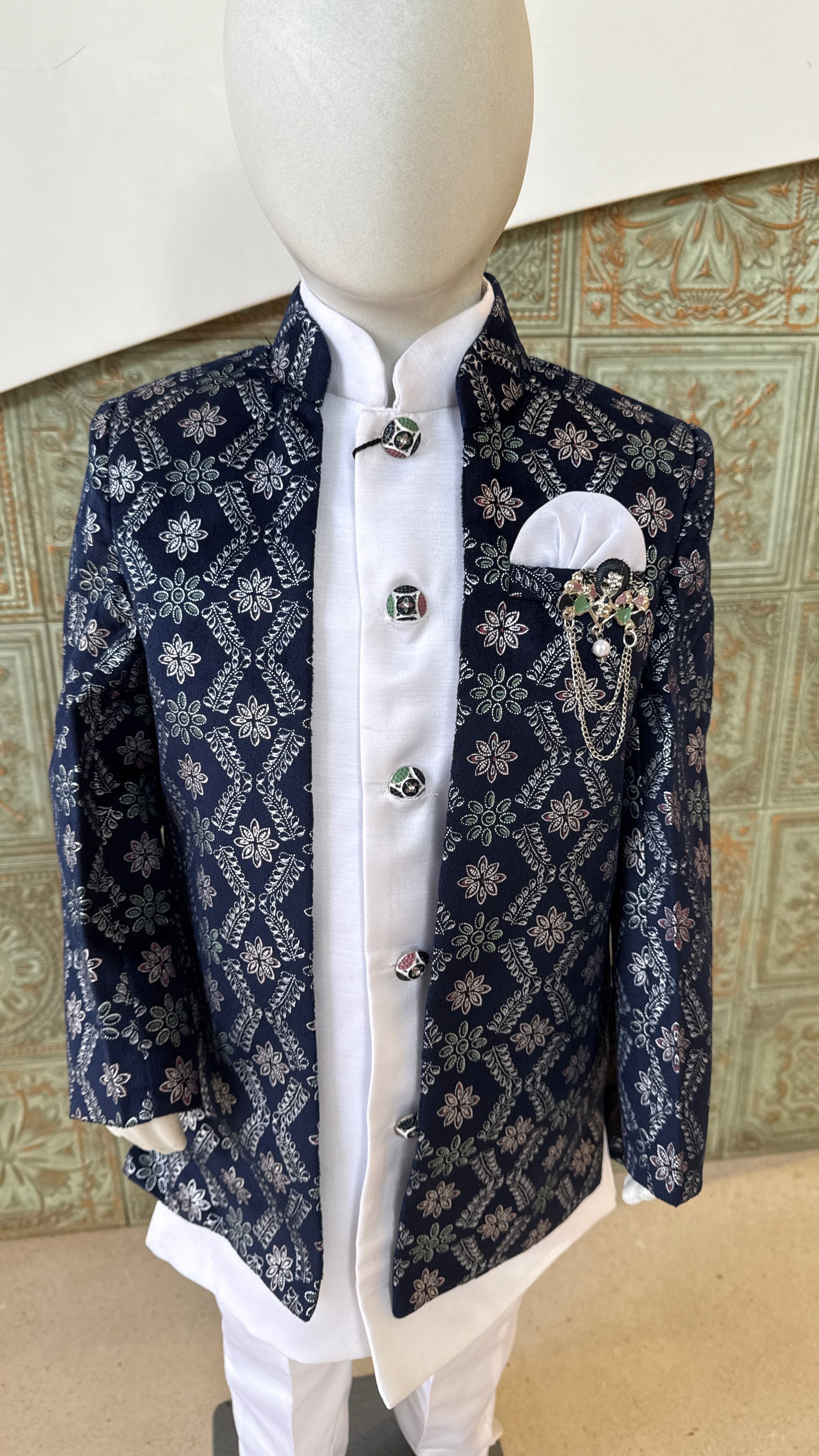 Navy Blue Embroidered Indo-Western Blazer Set for Boys