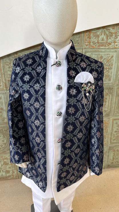 Navy Blue Embroidered Indo-Western Blazer Set for Boys