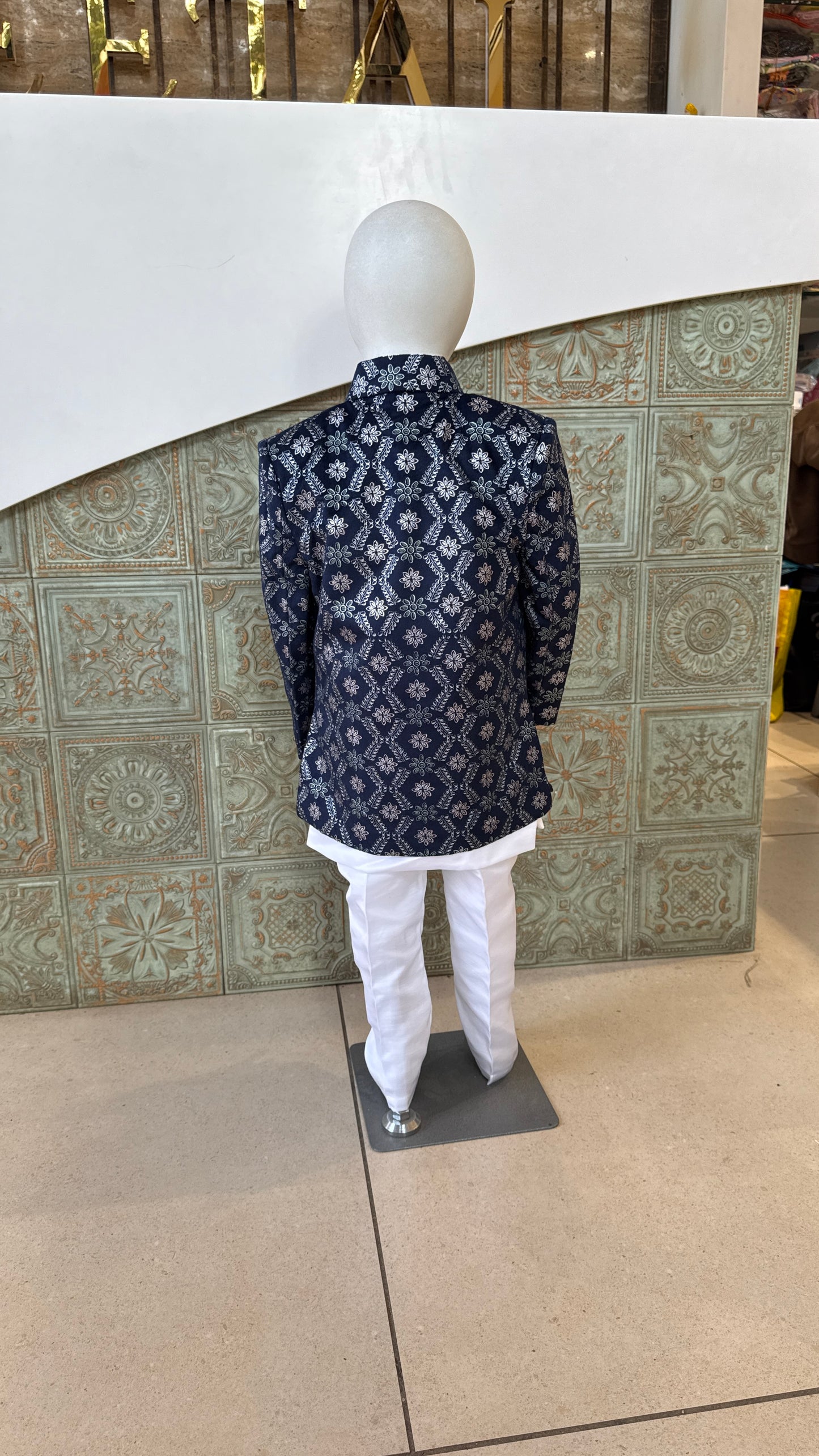 Navy Blue Embroidered Indo-Western Blazer Set for Boys