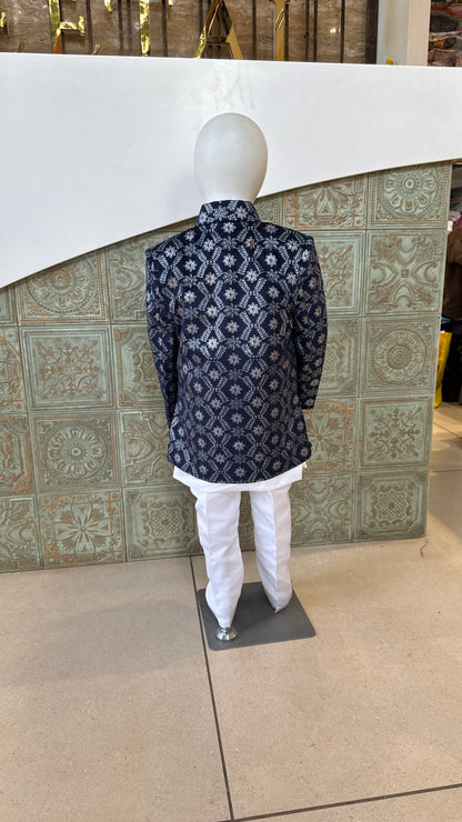 Navy Blue Embroidered Indo-Western Blazer Set for Boys
