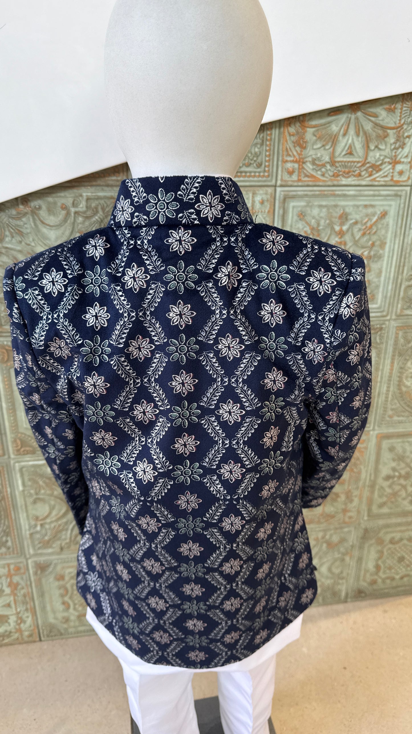 Navy Blue Embroidered Indo-Western Blazer Set for Boys