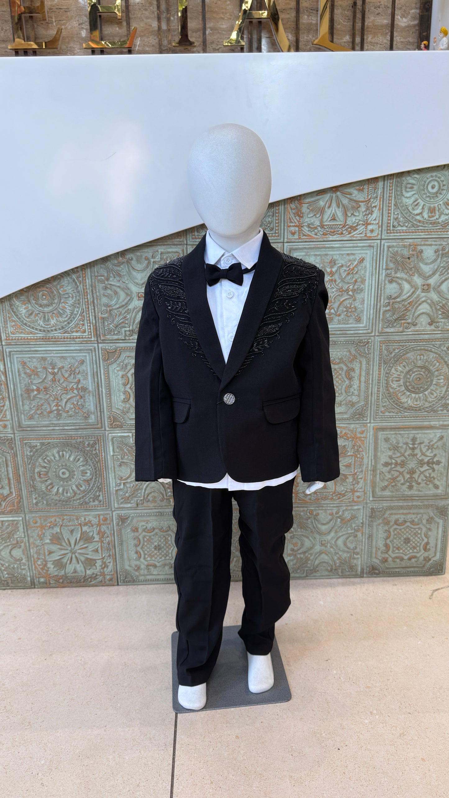 Black Embroidered Tuxedo Blazer for Boys