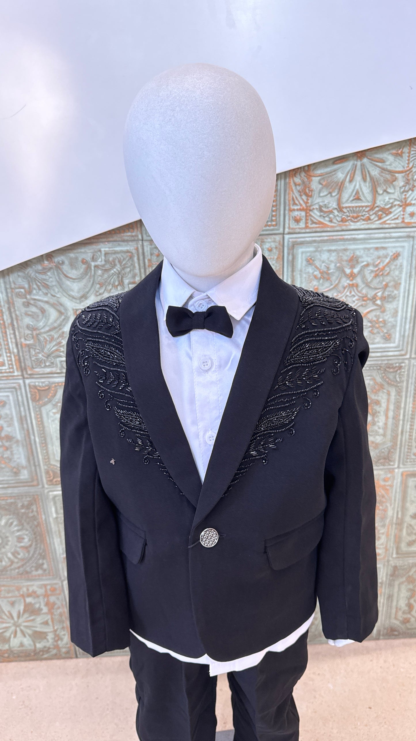Black Embroidered Tuxedo Blazer for Boys